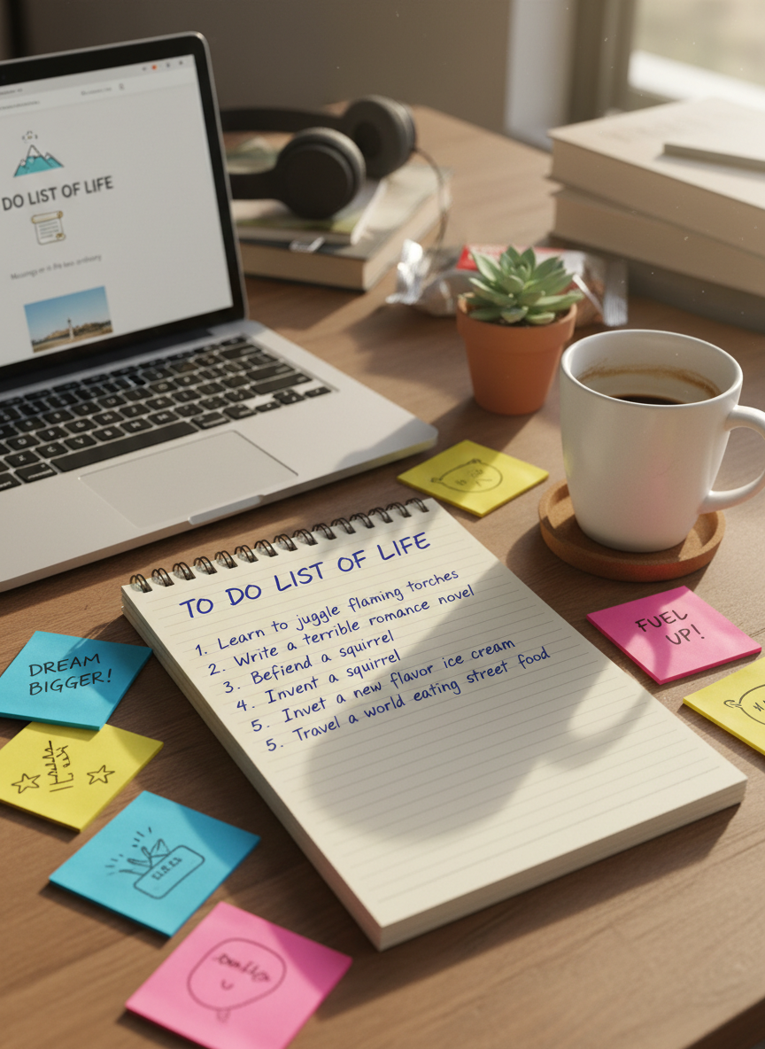 A neatly arranged wooden desktop representing a college student’s life, with an open spiral notebook filled with a handwritten to-do list of quirky life goals, colorful sticky notes scattered playfully, and a well-used laptop showing a minimal blog homepage titled “To Do List of Life.” A ceramic mug with faint coffee rings sits on a cork coaster beside a small thriving succulent. Soft afternoon light from an unseen dorm window washes across the surface, creating gentle shadows and a warm, inviting glow. Photographic realism, shot from a slightly elevated angle with a shallow depth of field, keeping the notebook in crisp focus while the background blurs into cozy, indistinct study supplies. The mood is playful yet reflective, suggesting both productivity and daydreaming.