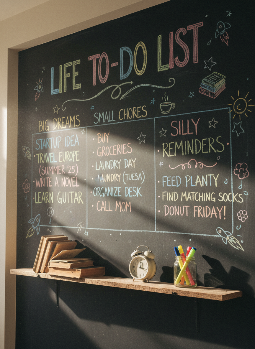 A large chalkboard wall in a cozy student apartment, filled with a whimsical life to-do list written in multicolored chalk: big dreams, small chores, and silly reminders doodled with stars, arrows, and tiny sketches. A simple wooden shelf beneath holds a few dog-eared paperbacks, a vintage alarm clock, and a clear jar of highlighters. Late-morning natural light streams from the side, catching chalk dust particles and casting soft, diffused shadows. Photographic realism with an eye-level composition and rule-of-thirds framing, emphasizing the handwritten words as the main subject. The atmosphere is playful, hopeful, and slightly messy in an intentional, lived-in way, capturing the spirit of figuring life out one list at a time.