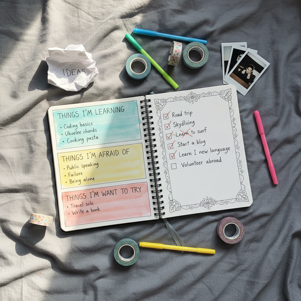 An overhead photographic view of an open bullet journal lying on a rumpled gray dorm bedspread, pages divided into colorful boxes labeled “Things I’m Learning,” “Things I’m Afraid Of,” and “Things I Want to Try.” Gel pens, washi tape, and a half-crossed-off checklist of life experiences are scattered around. Soft, diffused morning light from a nearby window brightens the white pages, creating gentle highlights and subtle texture in the fabric. The composition uses a top-down, flat-lay style with playful, vibrant colors against a neutral background. The mood is introspective but lighthearted, conveying a college student turning everyday anxieties and ambitions into a creative, living to-do list of life.